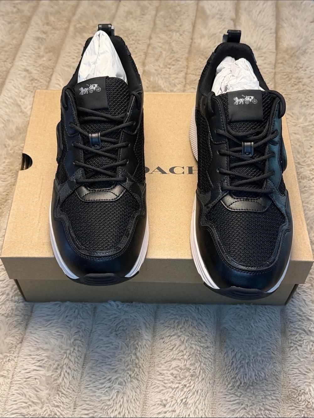 Coach Men’s Black Mesh & Leather Sneakers with White Midsole Size 10.5